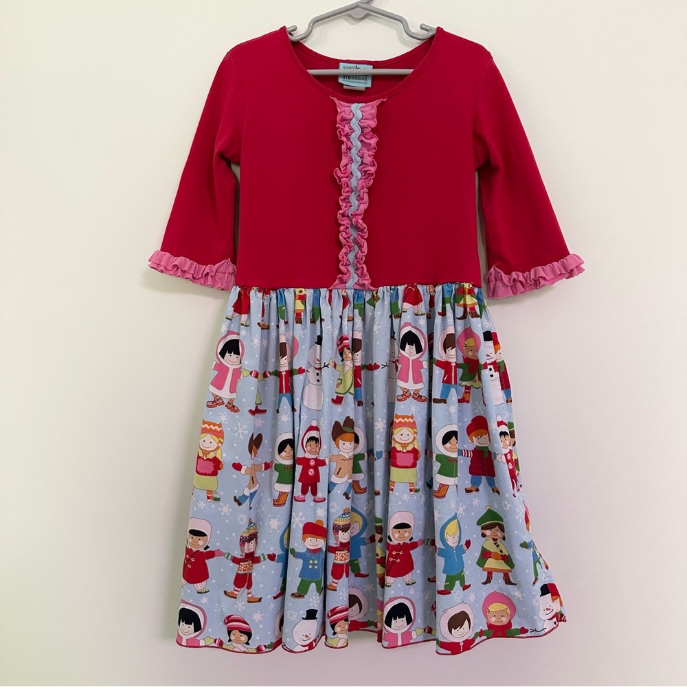 Sweet Petunia Red and Multicolor Holiday Dress Featuring Children of the World